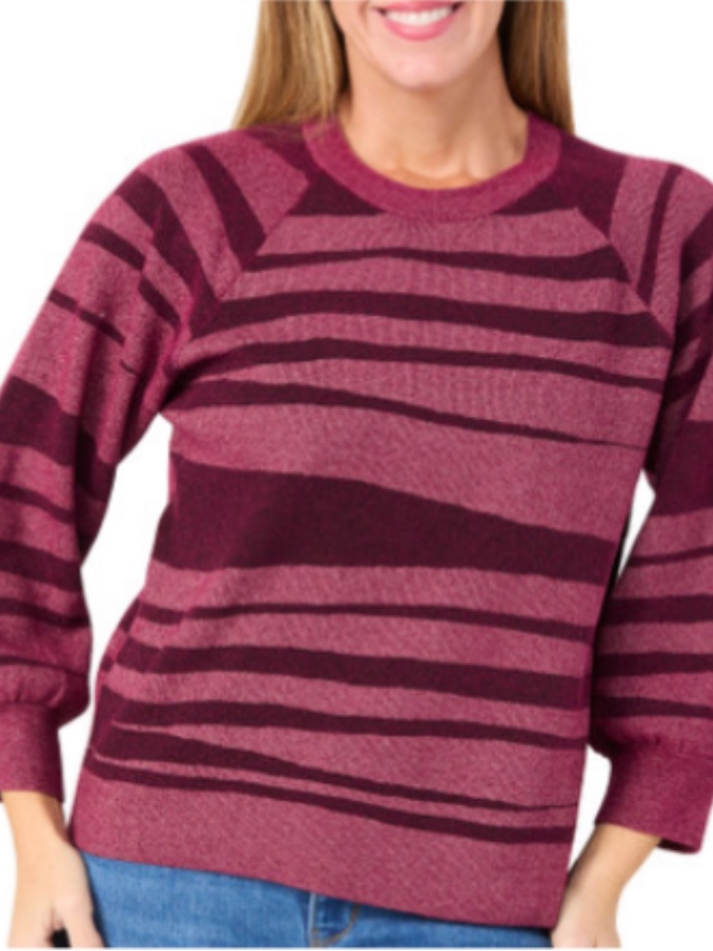 Democracy Burgundy and Pink Abstract-Stripe Blouson Sweater